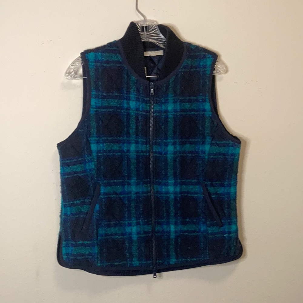 Navy and green plaid vest